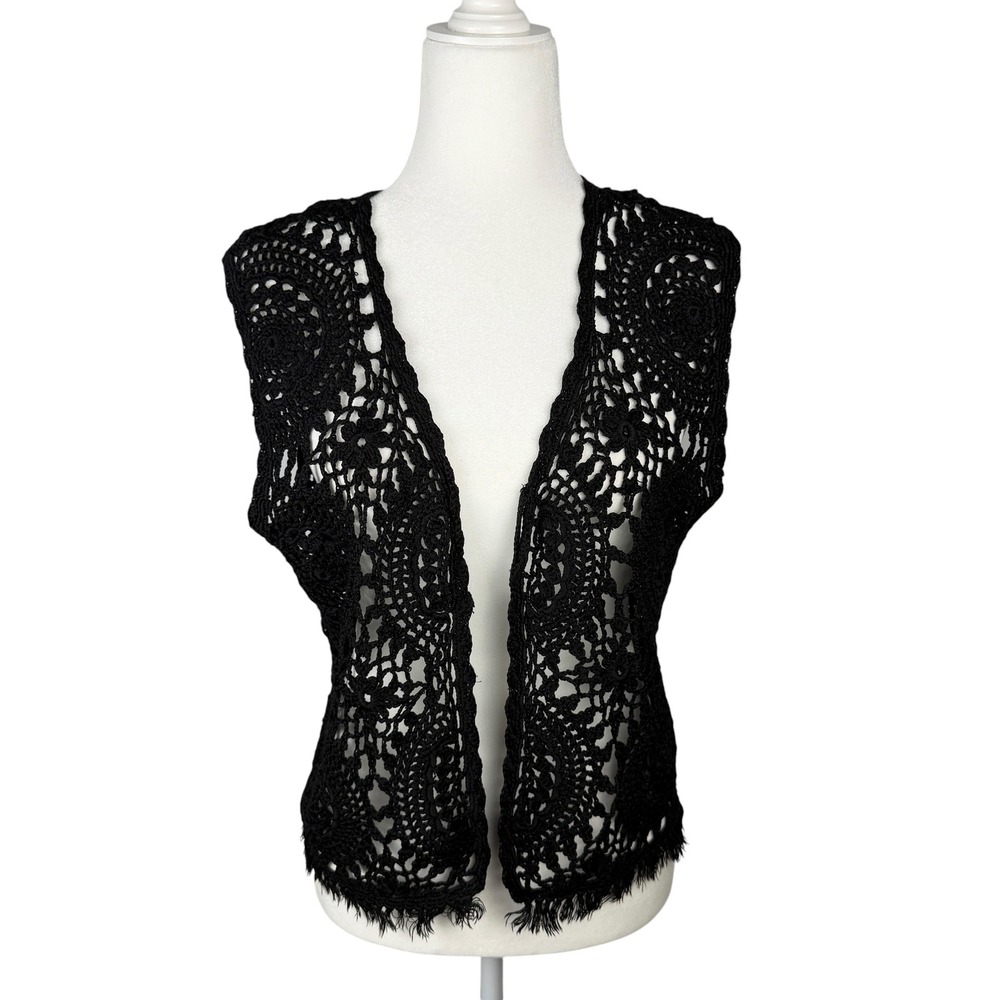 Crochet Vest Womens Est Size M Black Open Front Boho Fringed Whimsigoth